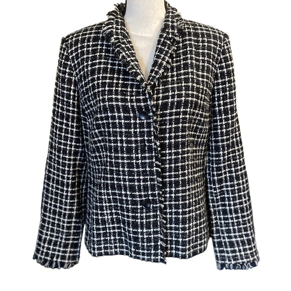 David Brooks Blazer Womens Size 10 Black White Plaid Two Buttons Fringe Classic - Picture 1 of 8